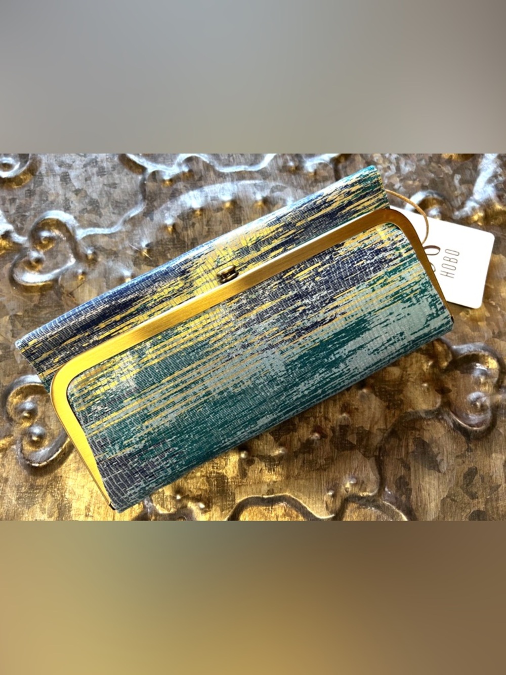 HOBO Rachel Tri-Fold Teal & Gold Textured Wallet - Picture 2 of 8